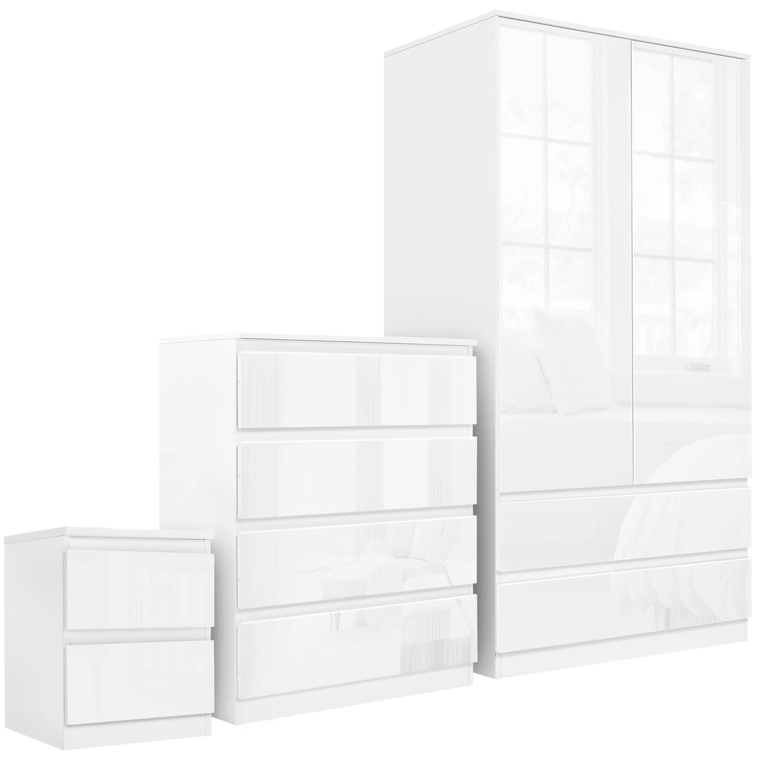 Blisswood Bedroom Furniture Set High Gloss 2 Door Wardrobe + 4 Drawer Chest of Drawer + 2 Drawer Bedside Table Cabinet with Push Up Door Mechanism Bedroom Set (White)