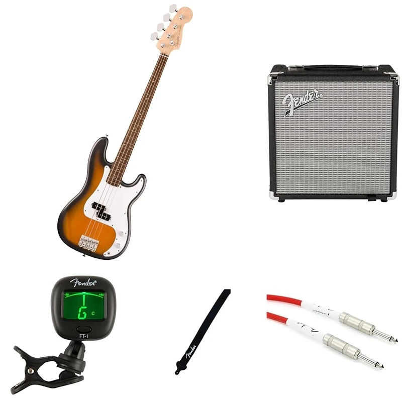 Fender Squier Debut Precision Bass Guitar Kit for Beginners, includes Amplifier, Cable, Strap, and Tuner, 2-Colour Sunburst