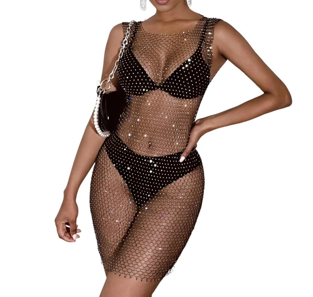 Women's Sexy Glitter Rhinestone Mesh Dress - Round Neck Sleeveless See Through Hollow Out Fishnet - Beach Bikini Swimsuit Cover Up Rave Festival Club Midi Dress