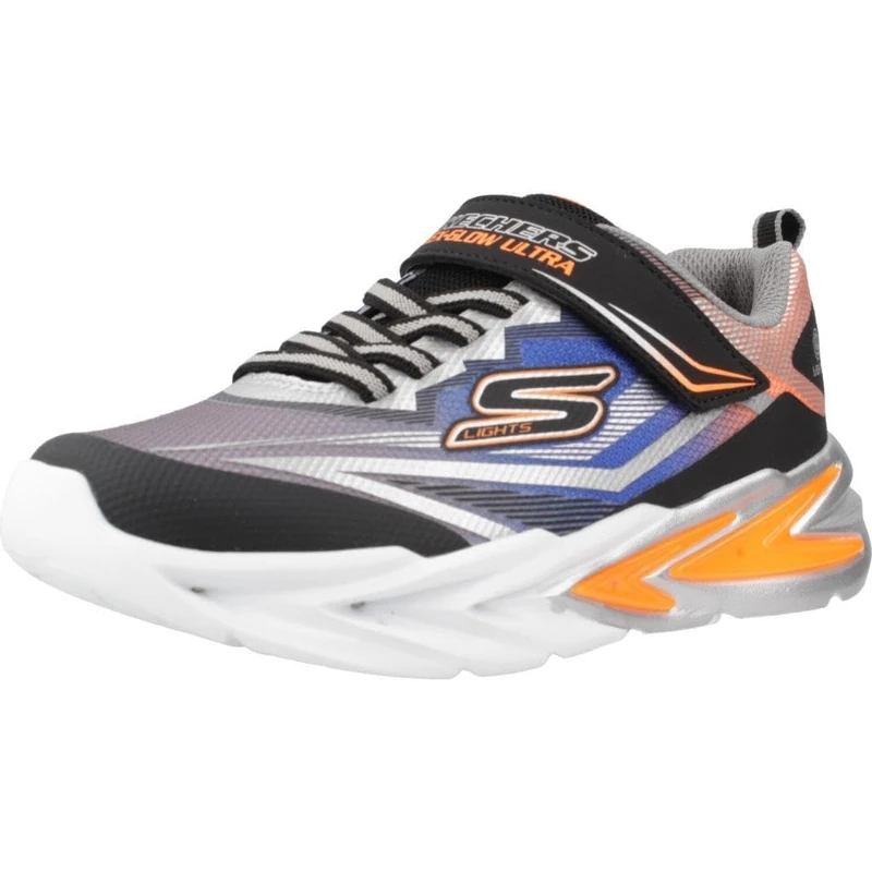 Skechers Boy's Flex-Glow Ultra Trainers, Black & Silver Synthetic/Grey, Blue, & Oran, 12.5 UK Child