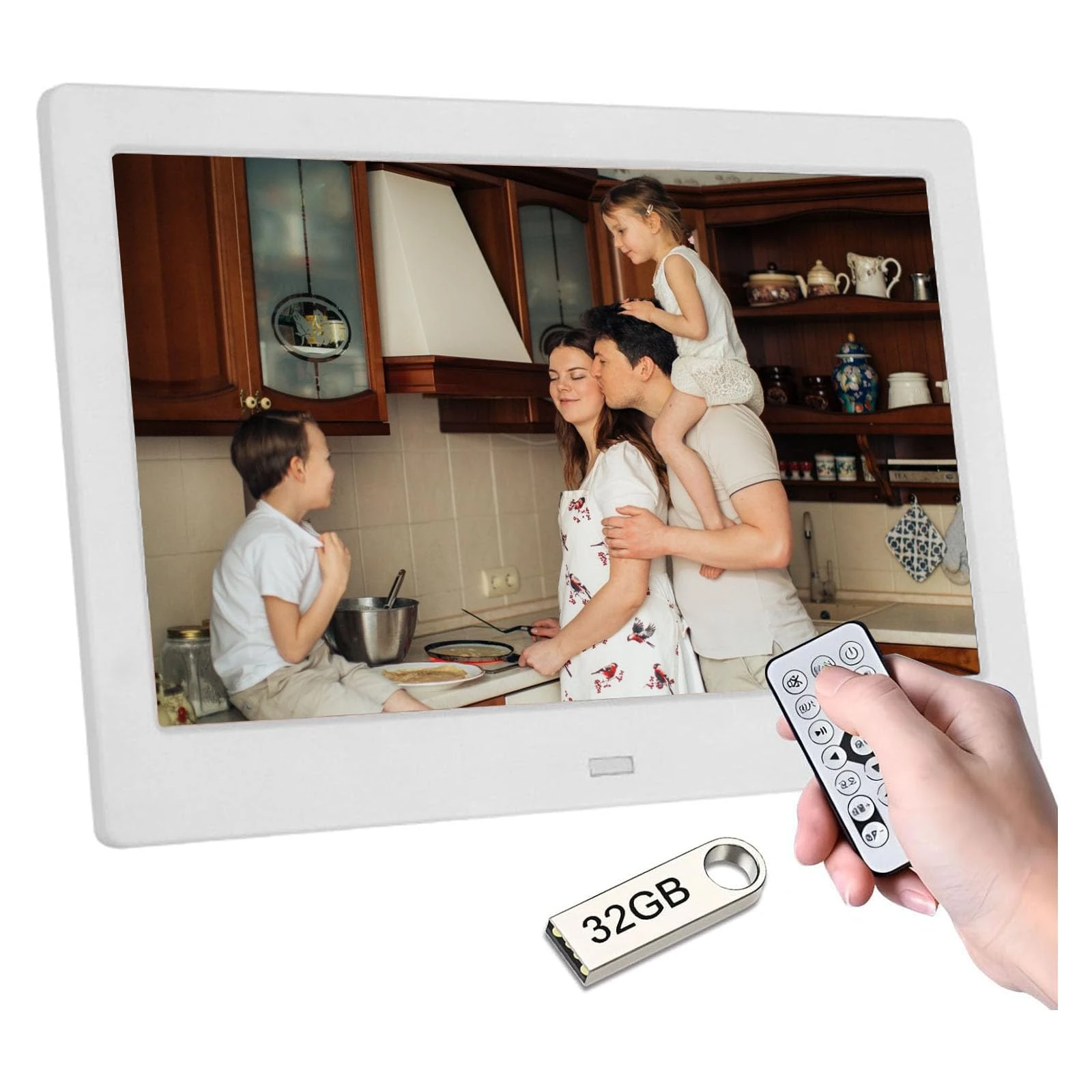 Haipky 7" HD IPS Digital Photo Frame - 1080P Video, Auto On/Off, Image Preview, MP3, Calendar, Clock, Remote Control, 32GB USB Drive, White