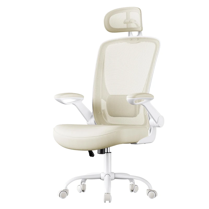 SONGMICS Office Chair, Ergonomic Mesh Chair with Mesh Back for Desk, Foldable Armrests, Adjustable Lumbar Support and Headrest, Tilt Function, Cappuccino Beige OBN047K02