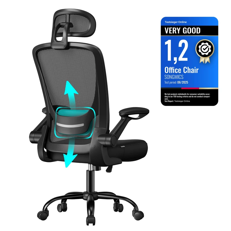 SONGMICS Office Mesh Chair, Ergonomic Swivel Chair, Lumbar and Head Support, Wide Seat, Foldable Armrests, Tilt Function, for Office Bedroom, Ink Black OBN047B02
