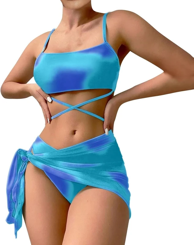 BSLVWG Women 3 Piece Bikini Sets with Skirt Halter Bikini Top Sexy Triangle Bikini Bottoms Beach Swimsuit Swimwear Bathing Suits (UK, Alpha, M, Regular, Regular, Deep Blue)