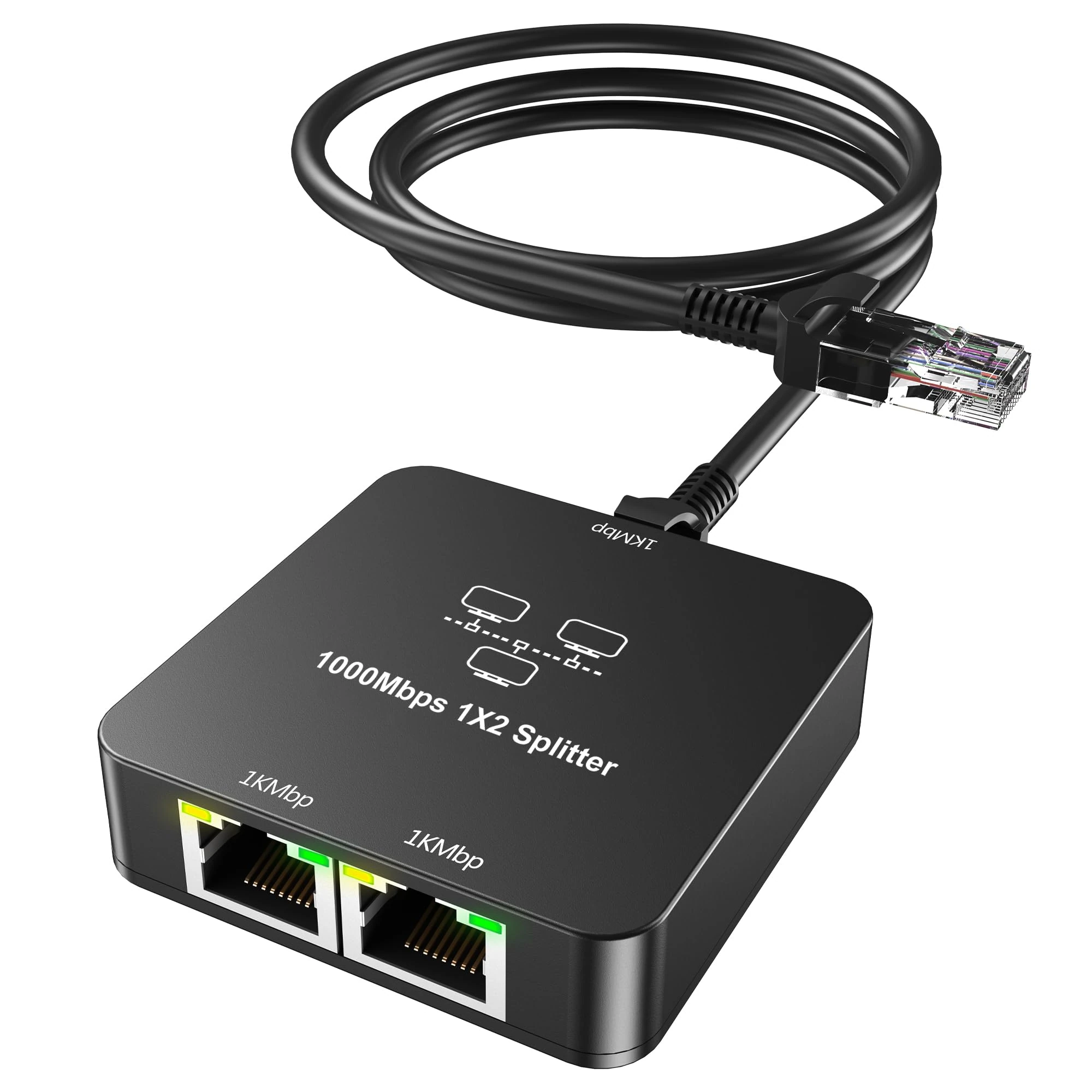 uhddadi Ethernet Splitter 1 to 2 Out, 1000Mbps High Speed Network Switches with Cat 6 Ethernet Cable, Gigabit Internet Splitter Connector for Cat 5/5e/6/7/8 Cable, Black