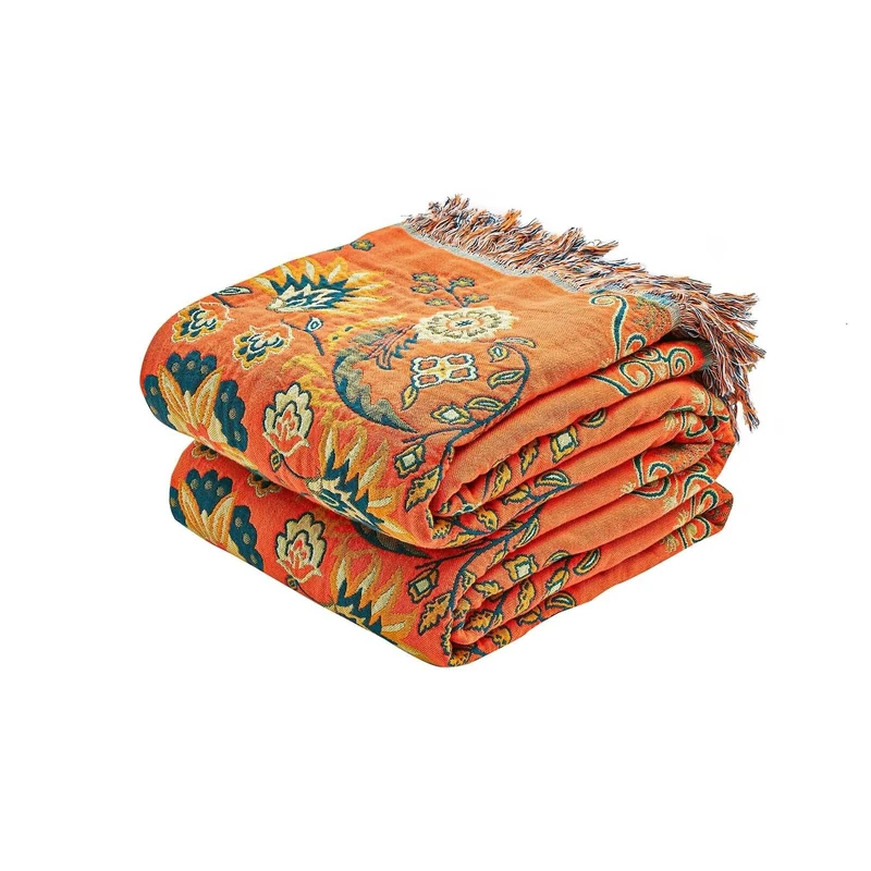 XIBLC Boho Throw Blanket, 100% Cotton Ultra Soft Luxury Throw Rustic Quilt, 80"x90" Floral Printed Farmhouse Decor Bed Summer Blankets, All Season Rustic Reversible Bohemian Throw for Bed - Orange