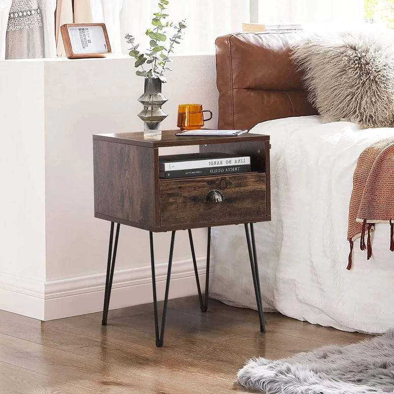 VECELO Bedside Tables, Nightstand Side Cabinet with Drawer and Storage Shelf for Bedroom, Living Room