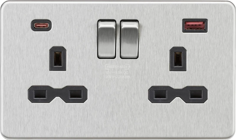 Knightsbridge 13A 2G DP Switched Socket with Dual USB A+C [45W FASTCHARGE] - Brushed Chrome with black insert