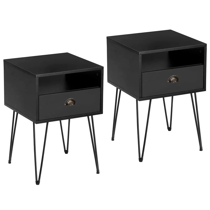 VECELO Bedside Tables Set of 2, Mid-Century Modern Sofa Side/End Cabinet with Drawer and Storage Shelf for Living Room Bedroom
