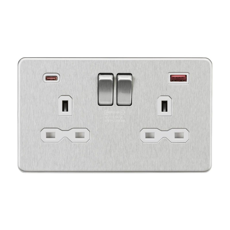 Knightsbridge 13A 2G DP Switched Socket with Dual USB A+C [45W FASTCHARGE] - Brushe Chrome with White Insert