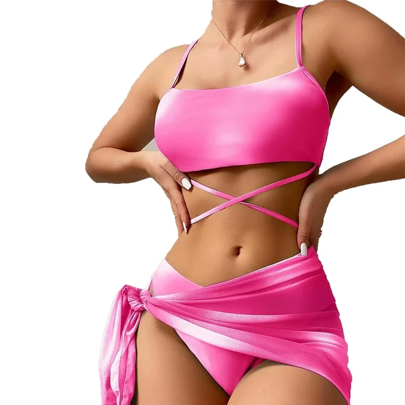 BSLVWG Women 3 Piece Bikini Sets with Skirt Halter Bikini Top Sexy Triangle Bikini Bottoms Beach Swimsuit Swimwear Bathing Suits (UK, Alpha, S, Regular, Regular, Hot Pink)