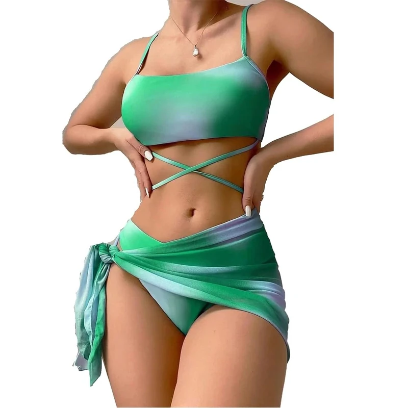 BSLVWG Women 3 Piece Bikini Sets with Skirt Halter Bikini Top Sexy Triangle Bikini Bottoms Beach Swimsuit Swimwear Bathing Suits (UK, Alpha, M, Regular, Regular, Green)