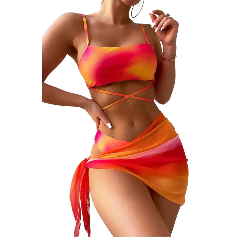 BSLVWG Women 3 Piece Bikini Sets with Skirt Halter Bikini Top Sexy Triangle Bikini Bottoms Beach Swimsuit Swimwear Bathing Suits (UK, Alpha, M, Regular, Regular, Orange)