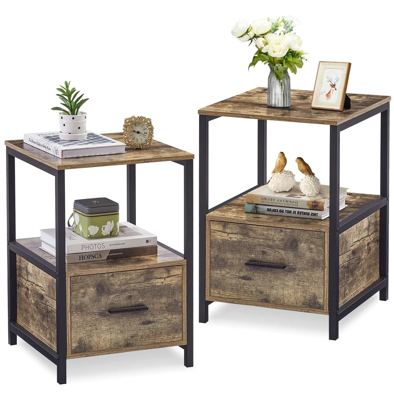 VECELO Bedside Tables Set of 2, End Side Cabinet Nightstand with Large Drawers and Storage Shelf for Bedroom Living Room