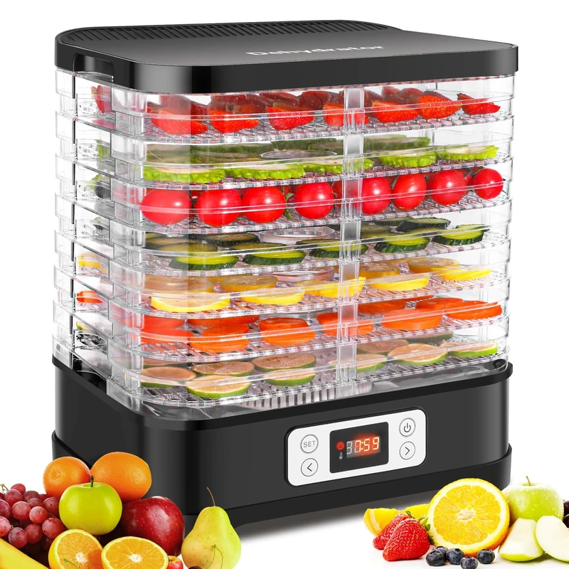 MEYKEY Stainless Steel Dehydrator, 8 Compartments 400W Dehydrator for Fruit, Meat and Herb with Non-Stick Silicone Dehydrating Blades, 30-70°C, 72h Timer