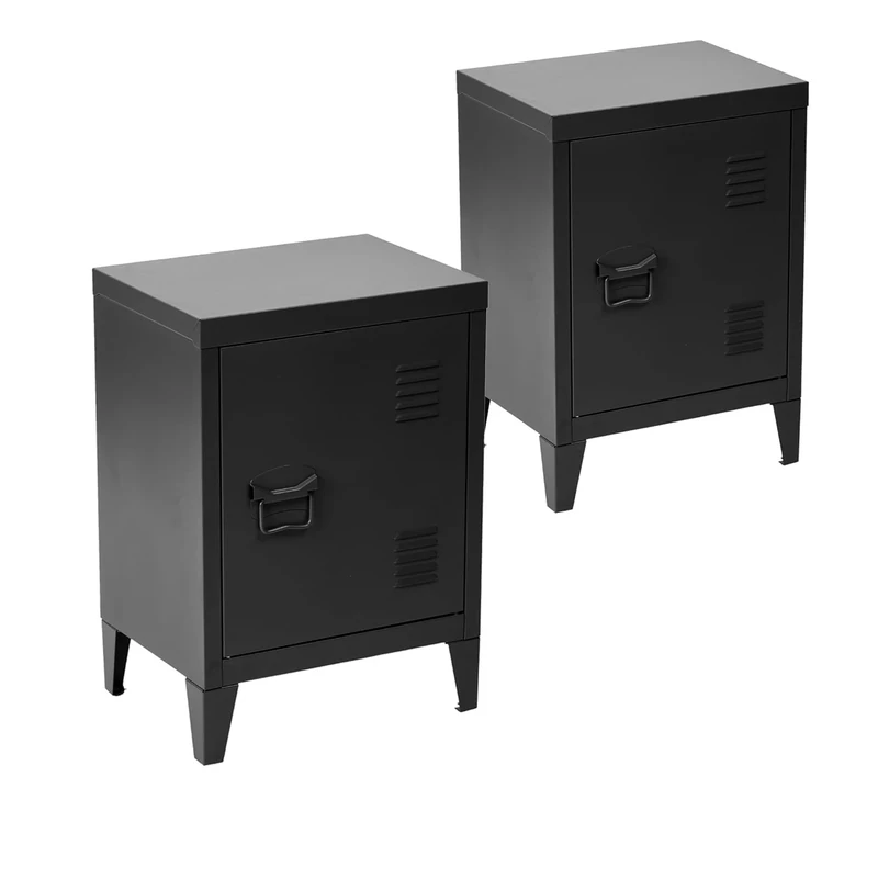 FurnitureR Industrial Metal Nightstand, Set of 2, Steel Bedside Cabinet with Door, Compact Night Table for Bedroom Storage, Black