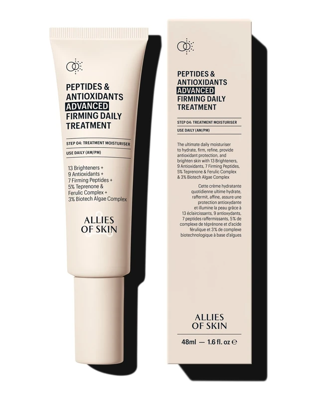 Allies of Skin Peptides & Antioxidants Advanced Firming Daily Treatment with 13 Brighteners, 9 Antioxidants, 7 Firming Peptides, 5% Teprenone & Ferulic Complex and 3% Biotech Algae Complex 48ml/1.6oz