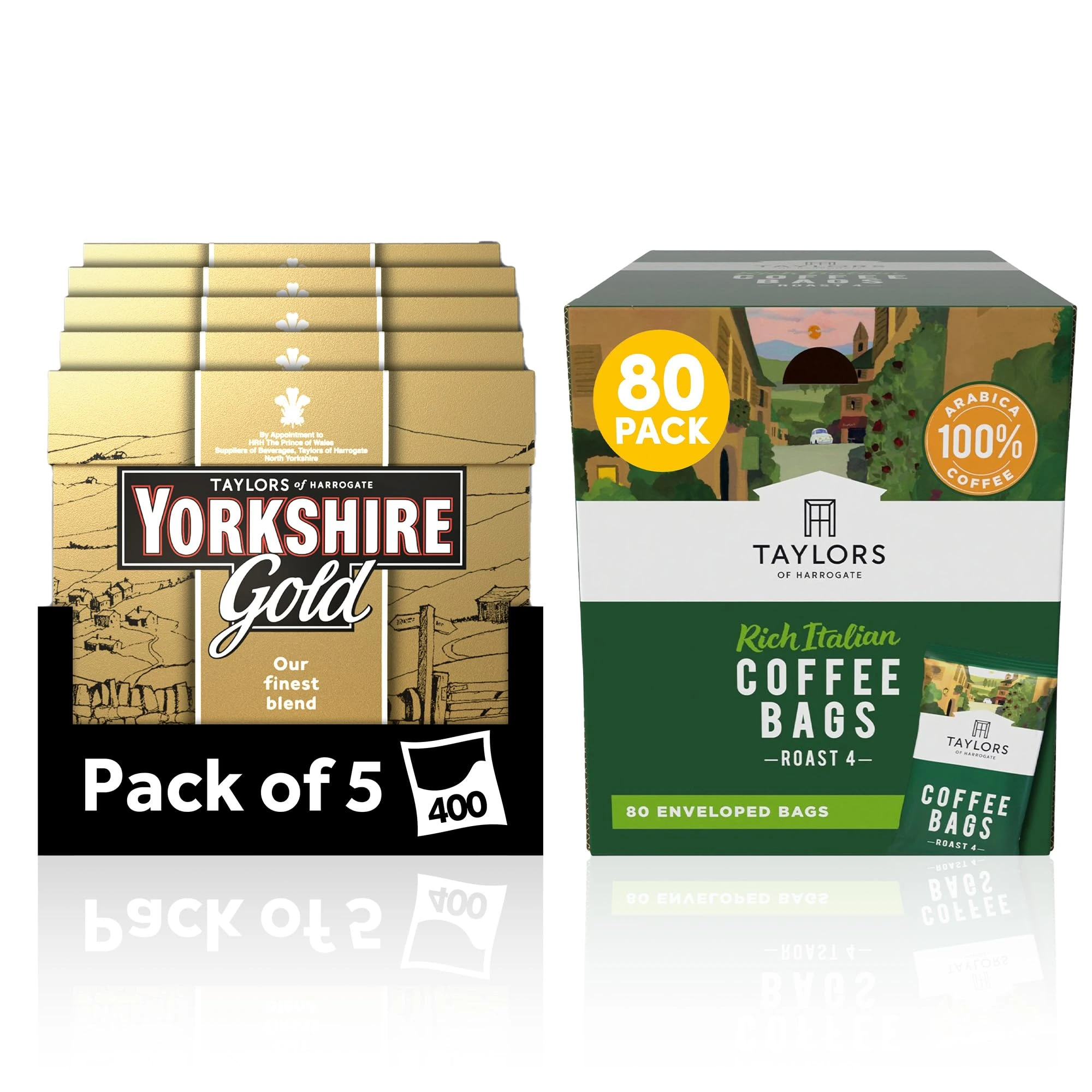 Yorkshire Tea Gold Bundle (Total of 400 Tea Bags) + Taylors of Harrogate Rich Italian Ground Coffee Bags (80 Enveloped Bags) – Perfect for the Office