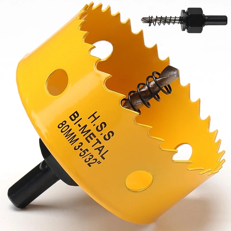 80mm Hole Saw, HSS Bi-Metal Hole Cutter with Drill Bit for Wood, Plastic, PVC, Fiberglass and Plasterboard, Yellow