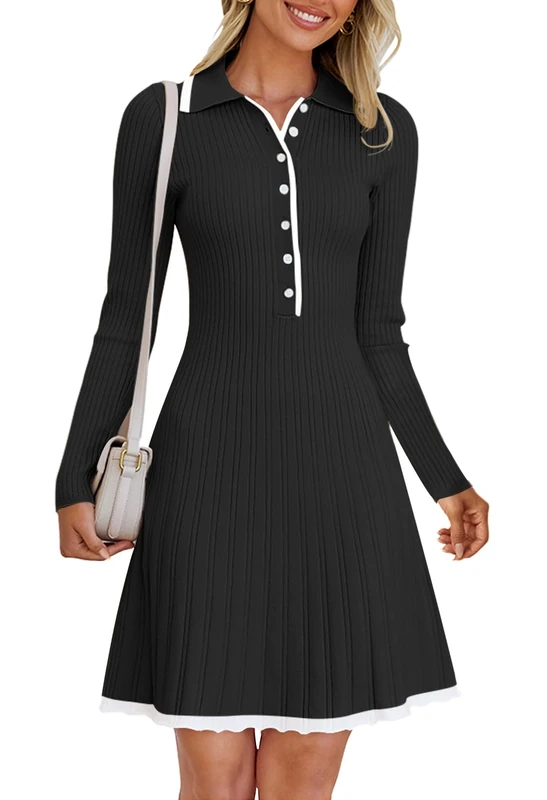 Merokeety Women's Long Sleeve V Neck Sweater Dress 2025 Spring Button Knit Pleated Mini Work Dresses, Black, M - Image 1