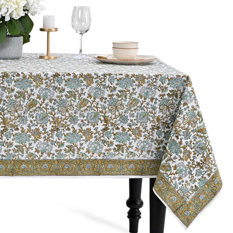 CPC Tablecloth 100% Cotton 70x108 Inch Indian Block Print Rectangle Table Cover, Blue Table Cloth for Weddings, Spring/Summer, Barbeque - Topaz Blue