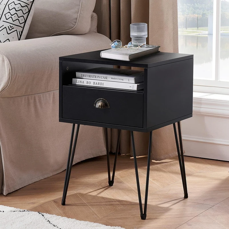 VECELO Bedside Tables, Nightstand Side Cabinet with Drawer and Storage Shelf for Bedroom, Living Room