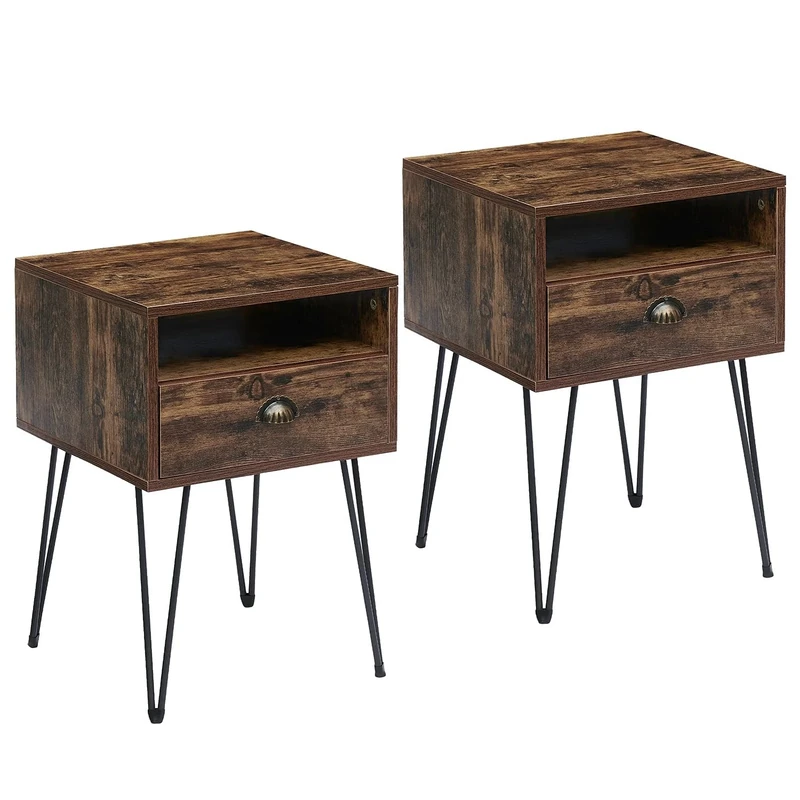 VECELO Bedside Tables Set of 2, Mid-Century Modern Sofa Side/End Cabinet with Drawer and Storage Shelf for Living Room Bedroom