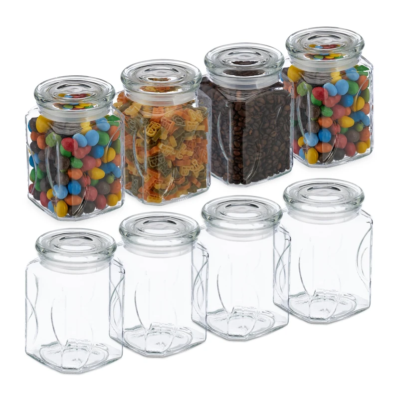 Relaxdays 8x Storage Jars with Lid, Glass, 750 ml, Square Shape, Airtight Containers, 14.5 x 9.5 x 9.5 cm, Transparent