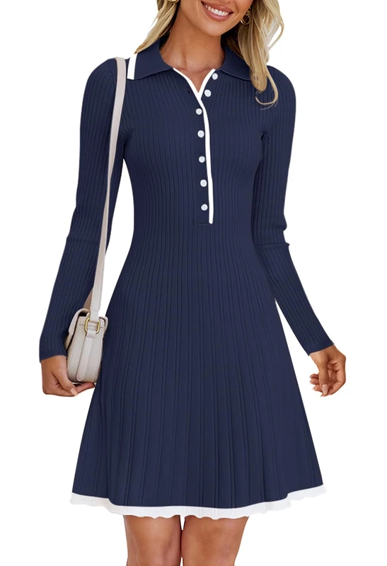 Merokeety Women's Long Sleeve V Neck Sweater Dress 2024 Fall Button Ribbed Knit Pleated Mini Dresses, Navy, S