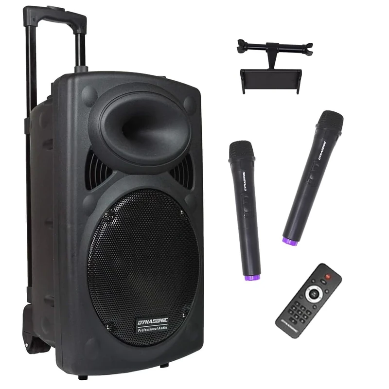 DYNASONIC - DYNAPRO (3rd Generation Tripod Pack) Professional Portable Bluetooth Speaker, Bluetooth Speaker, 2 Karaoke Microphones, Tablet and Tripod Support (DYNAPRO 15 PLUS)