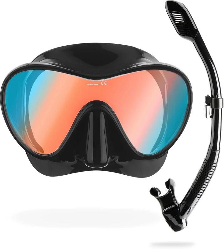 Cressi F1 - Frameless Diving Mask F1 - Snorkel Combo Set, Adult Unisex - Anti-Fog Glass Lens - Silicone Skirt Comfort - Black Ultravision Blue Lens - One Size