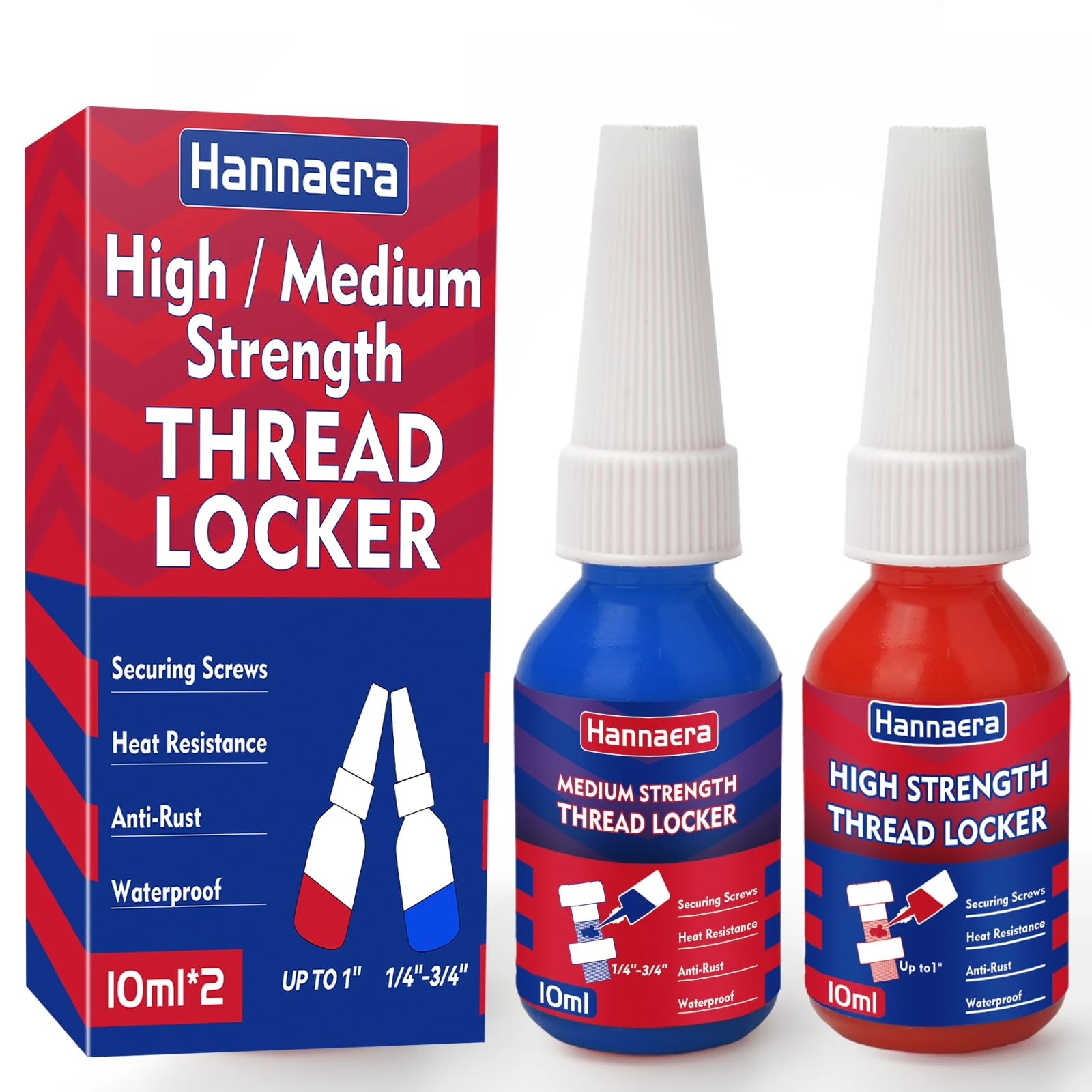 Thread Lock Blue and Red, Threadlocker Medium and High Strength Threadlock, Lock & Seal Nuts, Bolts, Fasteners and Metals, Against Losening and Leakage (10 ml/2 Pack)
