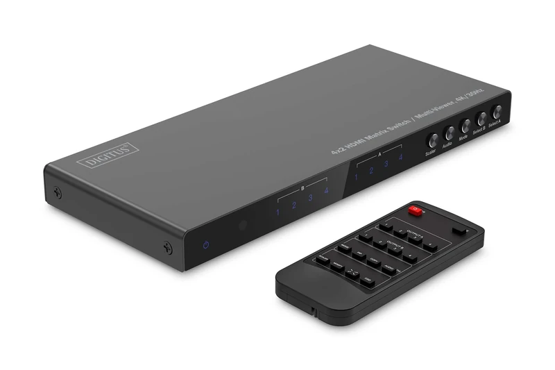 DIGITUS DS-55345 HDMI Matrix Switch 4x2 – 4 In 2 Out – UHD 4K/30 Hz HDTV: 3840 x 2160p – HDCP 1.4 & HDMI 1.4b – Multi-Viewer, Split-Screen, PIP – RS232, Audio (Toslink, Stereo 3.5mm)