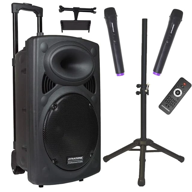 DYNASONIC - DYNAPRO (3rd Generation Tripod Pack) Professional Portable Bluetooth Speaker, Bluetooth Speaker, 2 Karaoke Microphones, Tablet and Tripod Support (Dynapro 15 Plus con tripode VHF) - Image 1
