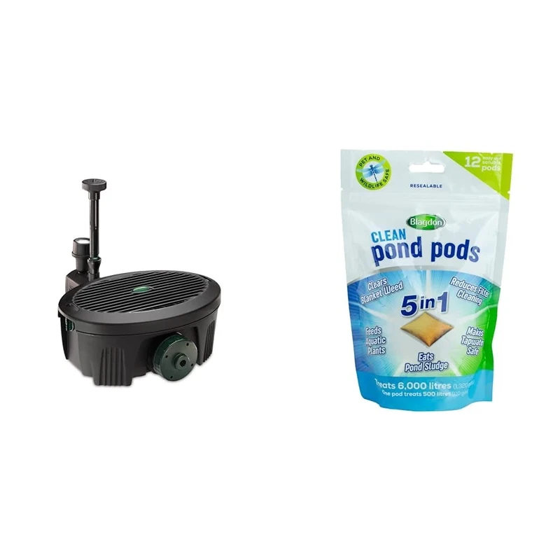 Blagdon Inpond 5-in-1 2000 Pond Filter Fountain Pump + Blagdon Clean Pond Pods (12 Pack)
