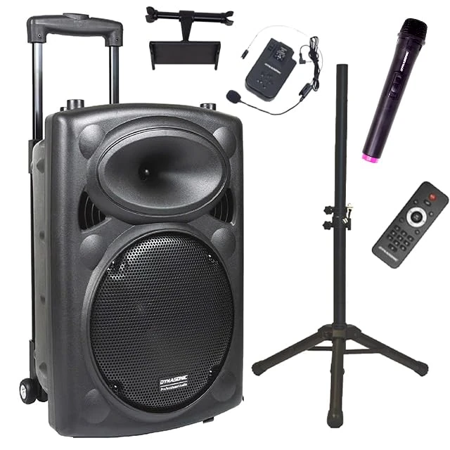 DYNASONIC - DYNAPRO (3rd Generation Tripod Pack) Professional Portable Bluetooth Speaker, Bluetooth Speaker, 2 Karaoke Microphones, Tablet and Tripod Support (DYNAPRO 12 PLUS CON TRIPODE UHF)