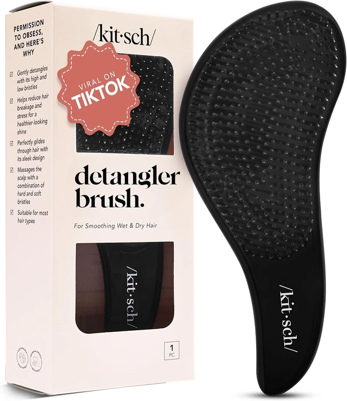 Kitsch Detangler Brush – Gentle Curly Hair Brush with Flexible Bristles for All Hair Types - Wet or Dry | Detangling Brush for Women & Men, Adults & Kids - Black