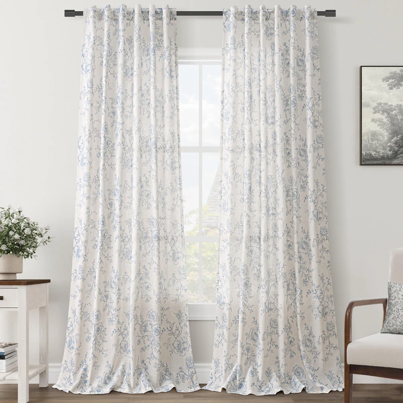 Blue Floral Curtains 96 inch Length Back Tab Farmhouser Living Room Light Filtering Curtains Blue Pattern Print on Cream White Linen Curtain Panel Minimalist Aesthetic Sketch Style Vintage Room Decor