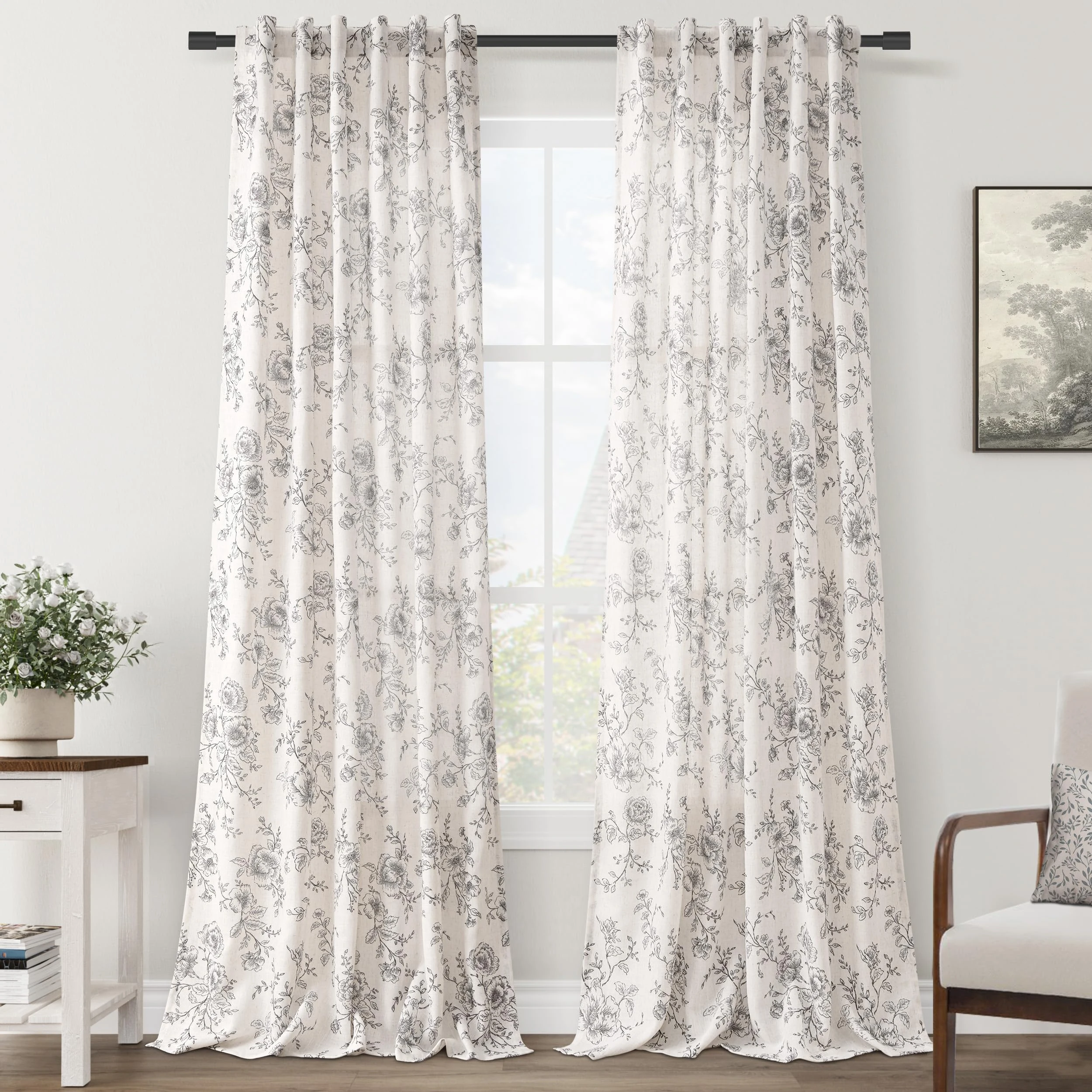 Printed Linen Curtains 95 inch Length 2 panels set Rustic Farmhouse Black Floral Curtains Cotton Textured Vintage Flower Leaf Pattern Print on Beige Light Filtering Living Room Curtains 95 inches Long