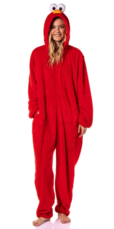 INTIMO Sesame Street Unisex Costume Union Suit One Piece Pajama Outfit, Adult Elmo, L-XL