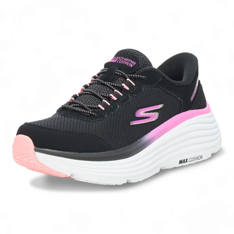Skechers Women's Max Cushioning Endeavour Cardova Slip-On Sneakers, Black Textile/Pink Trim, 3 UK