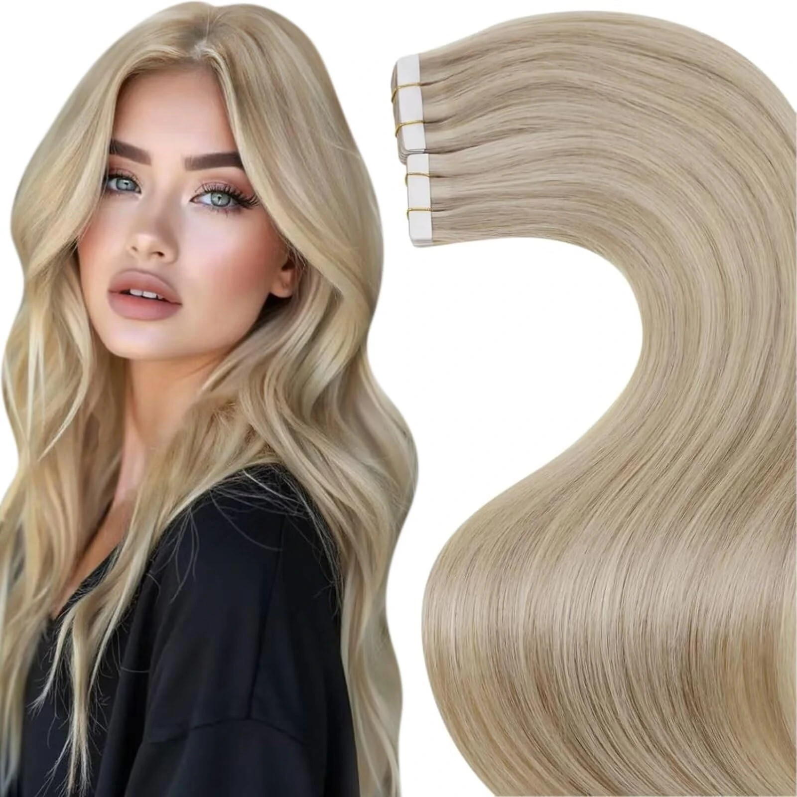 LaaVoo Tape Hair Extensions Blonde Tape in Hair Extensions Human Hair Invisible Tapes Remy Straight Highlight Golden Blonde Real Hair Double Sided Tabs 20pcs 30g 12 Inch #16/22