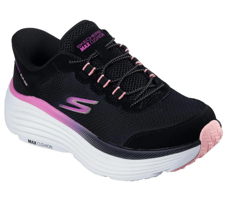 Skechers Women's Max Cushioning Endeavour Cardova Sneaker, Black Textile/Pink Trim, 3.5 UK