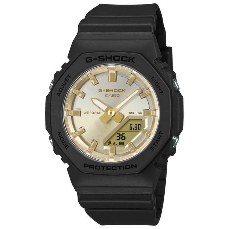 Casio G-Shock GMA-P2100SG-1AER Women's Analogue-Digital Quartz Watch with Stopwatch, World Time, Alarm, Countdown, Black Resin Strap, Gold Dial, 200m Waterproof