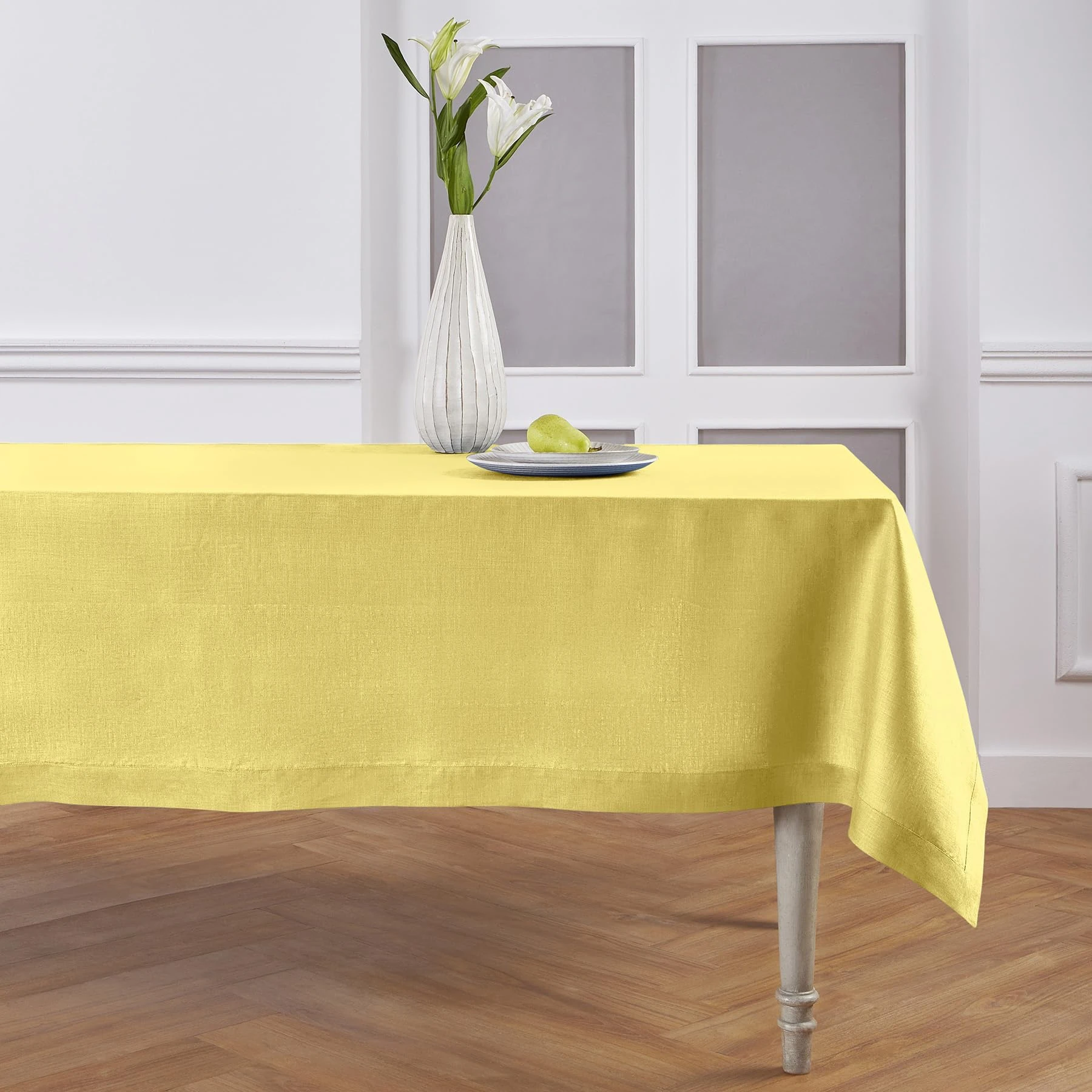 Solino Home Linen Tablecloth for Rectangle Tables 60 x 108 Inch - 100% Pure Linen Sunshine Yellow Table Cloth - Fete, Machine Washable Cloth Tablecloth for Summer
