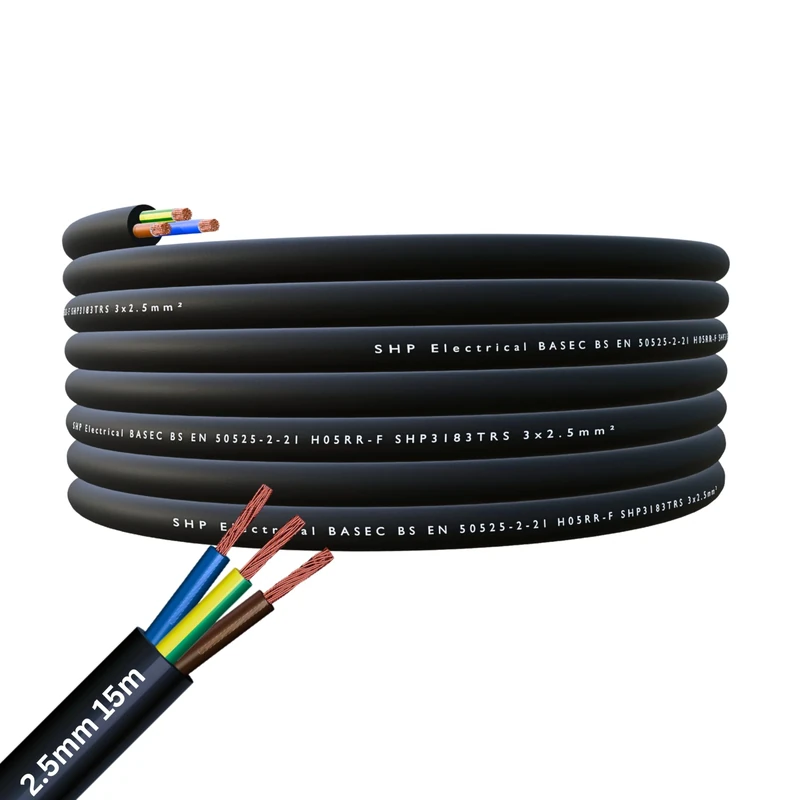 HPELEC® H05RR-F 3 Core Flexible Rubber Cable - Premium Electrical Wire for Indoor and Outdoor Use - 1.0mm, 1.5mm, 2.5mm 5m, 10m, 20m (2.5mm 3 Core - 15m)