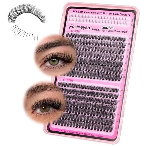 Focipeysa Eyelash Extensions 40D 50D Fluffy Eyelash Clusters with Bottom Lash Clusters 9-16mm Lash Extensions 360pcs Individual Eyelashes DIY Lash Extension for Beginners