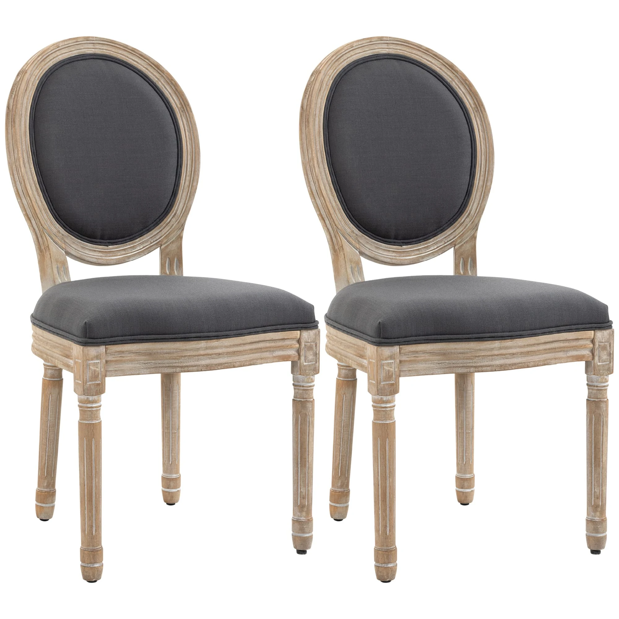 HOMCOM Dining Chairs Set of 2, French-Style Kitchen Chairs, Armless Accent Chairs with Linen Fabric Upholstery, Round Backrest and Solid Wooden Frame, Grey