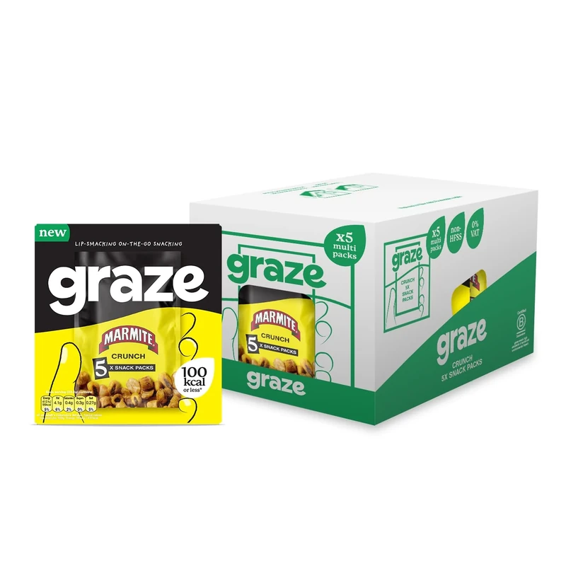 Graze - Marmite Crunchy Snacks Multipack - Healthy Snacks Alternative to Crisps - Ideal if you Love Corn, Broad beans and Corn hoops mixed Vegan Snacks (25 x 22.5g)