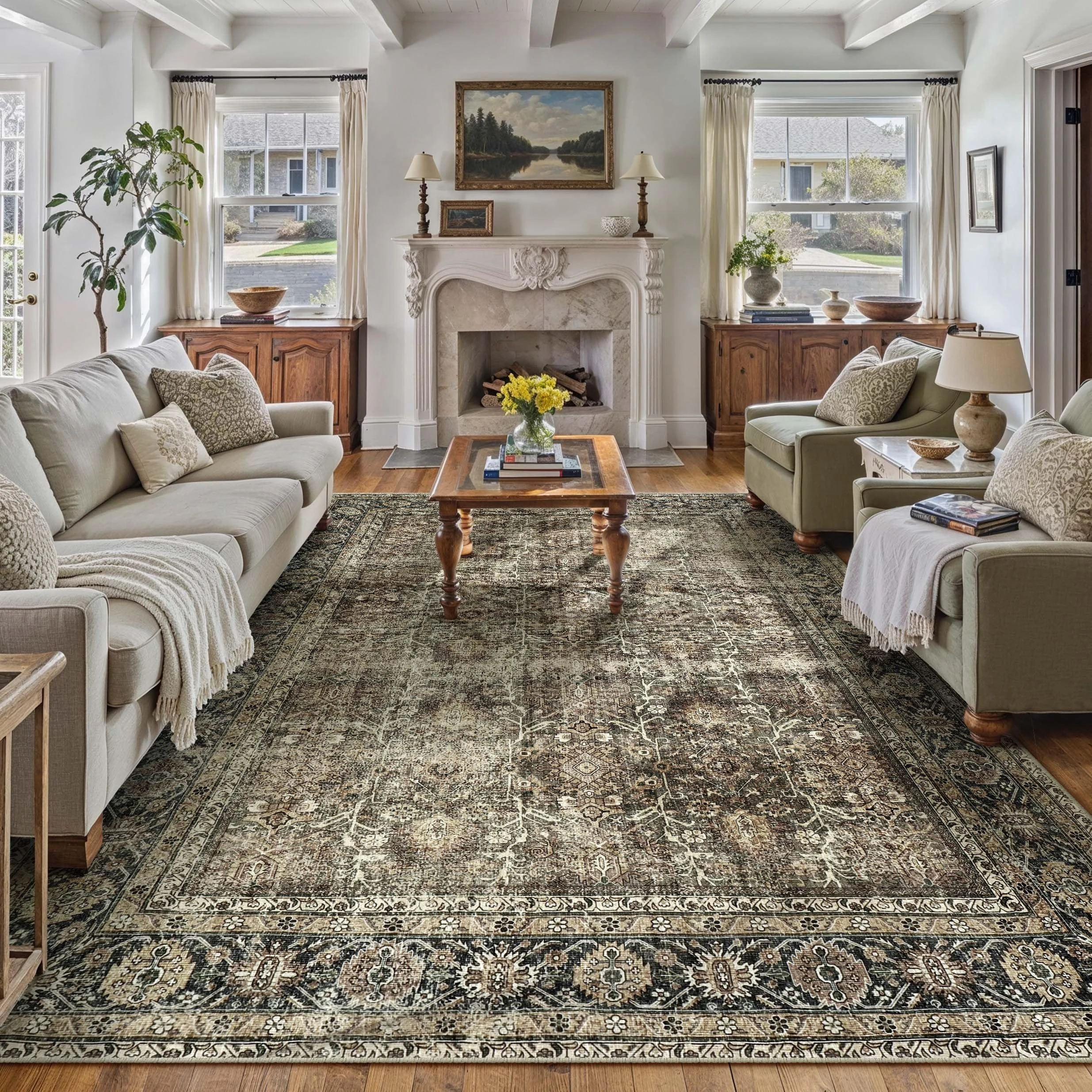 PureCozy Vintage Area Rug 10x14 Brown Washable Living Room Large Carpet Non Slip Bedroom Indoor Office Low Pile Traditional Distressed Retro Accent Rug for Dining Room